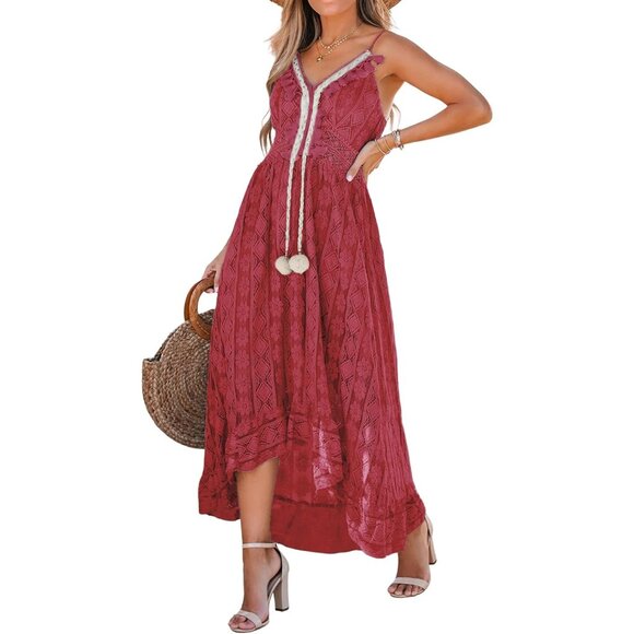 Women Red Cotton Blend Maxi Dress Lace Dresses Boho Tassel V-Neck Flare  Ruffle is available for purchase on au PAY Market - Imported Goods Online  Store Co.Ltd. | au PAY Market -